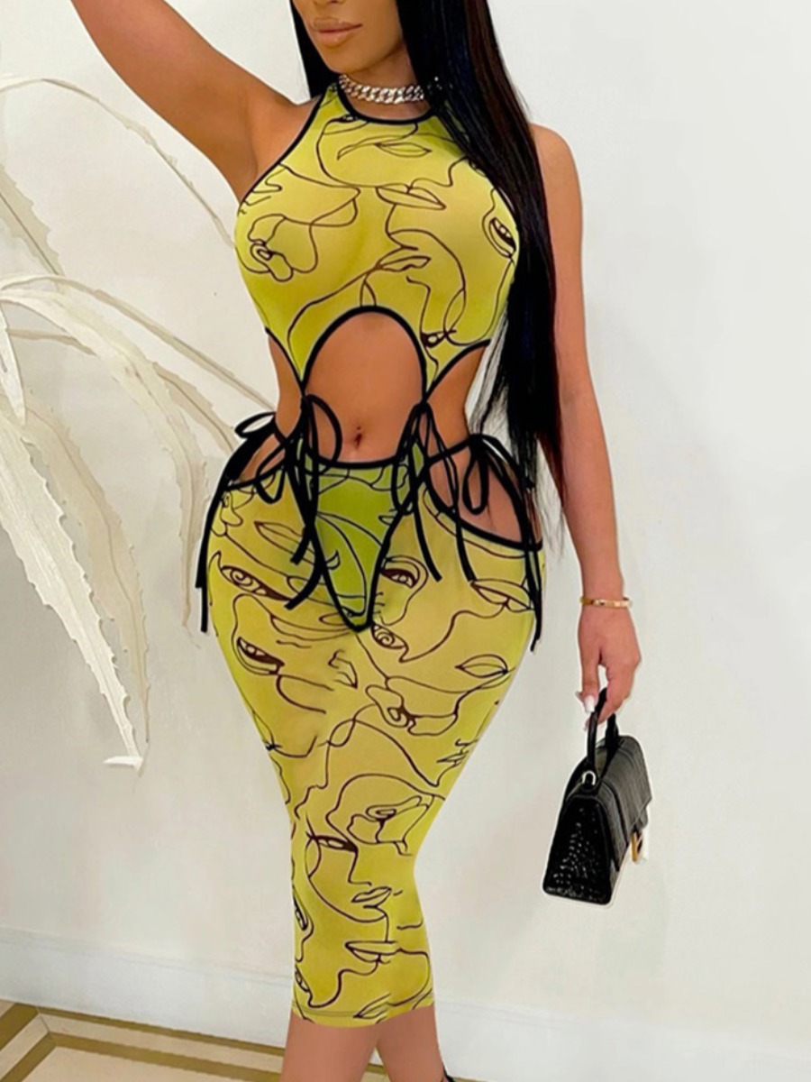 

Lovely Sexy Print Bandage Hollow-out Design Yellow Mid Calf Dress