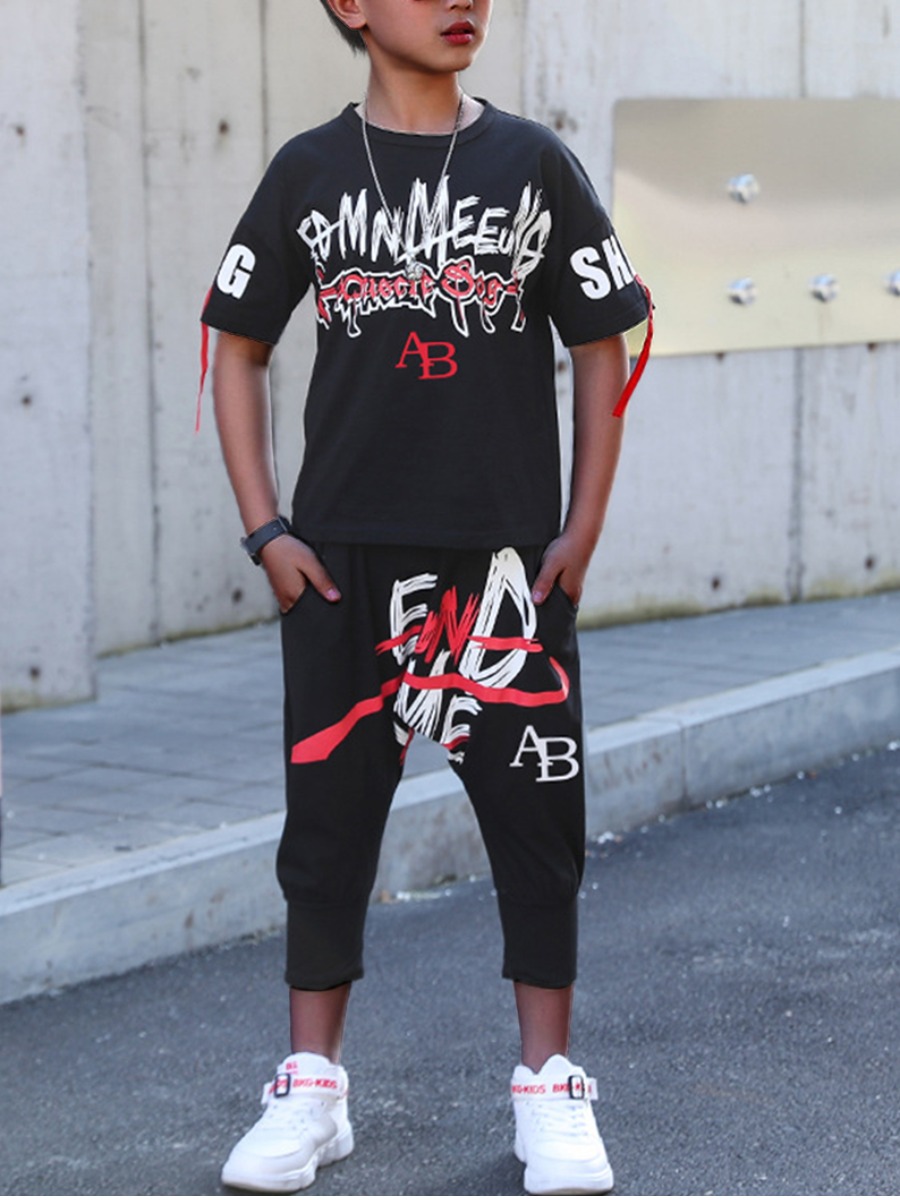 

Lovely Boy Street Star Letter Print Black Two Piece Pants Set
