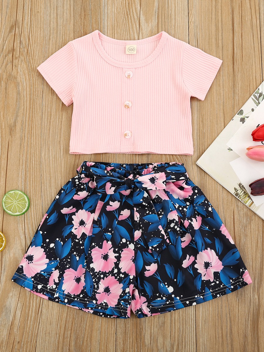 

Lovely Girl Sweet Rib-Knit Floral Print Bow-tie Decoration Pink Two Piece Skirt Set