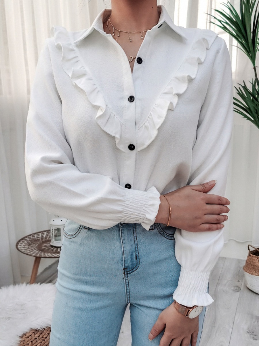 

Lovely Sweet Turndown Collar Flounce Design White Blouse