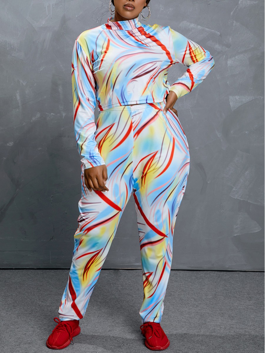 

Lovely BohoHalf A Turtleneck Print Multicolor Plus Size Two-piece Pants Set, Multi