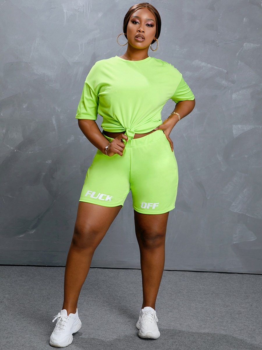 Lovely Sporty O Neck Letter Print Green Plus Size Two-piece Shorts Set 3X