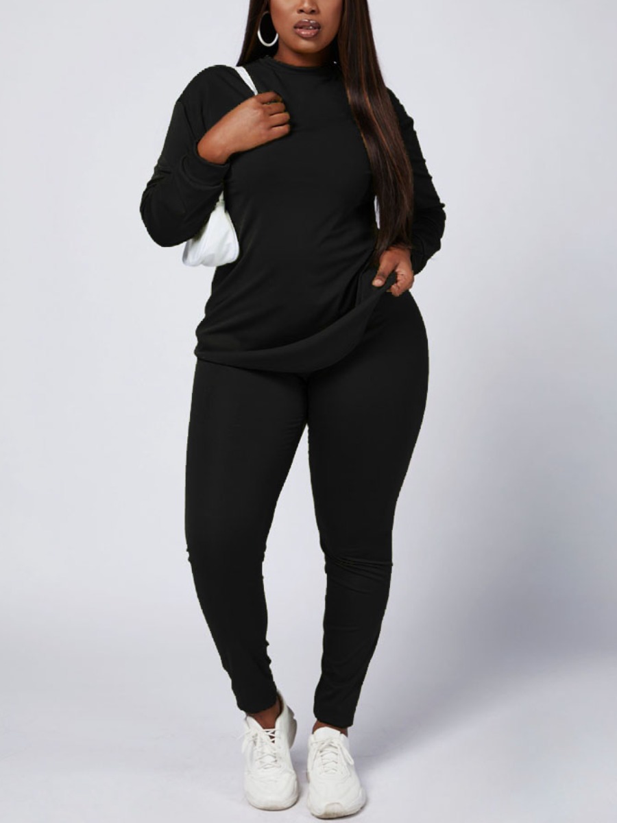 

Lovely Casual O Neck Dropped Shoulder Black Plus Size Two-piece Pants Set