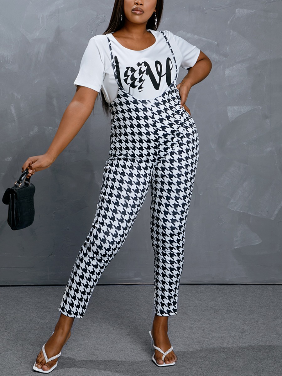 

Lovely Casual O Neck Plaid Letter Print Black Plus Size Two-piece Pant Set