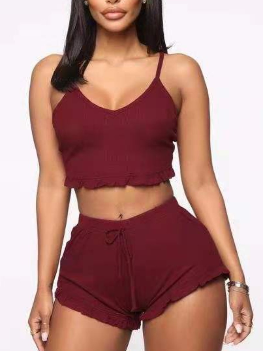 

Lovely Casual Ruffle Design Drawstring Wine Red Two Piece Shorts Set