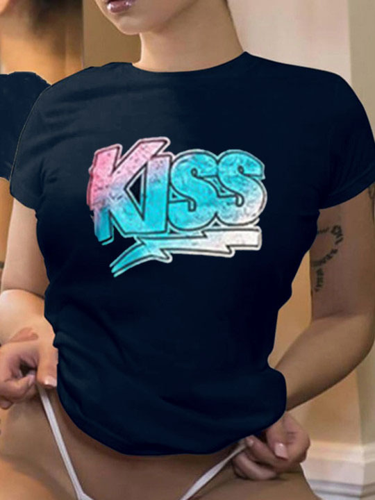 

Lovely Casual O Neck Letter Print Dark Blue Plus Size T-shirt