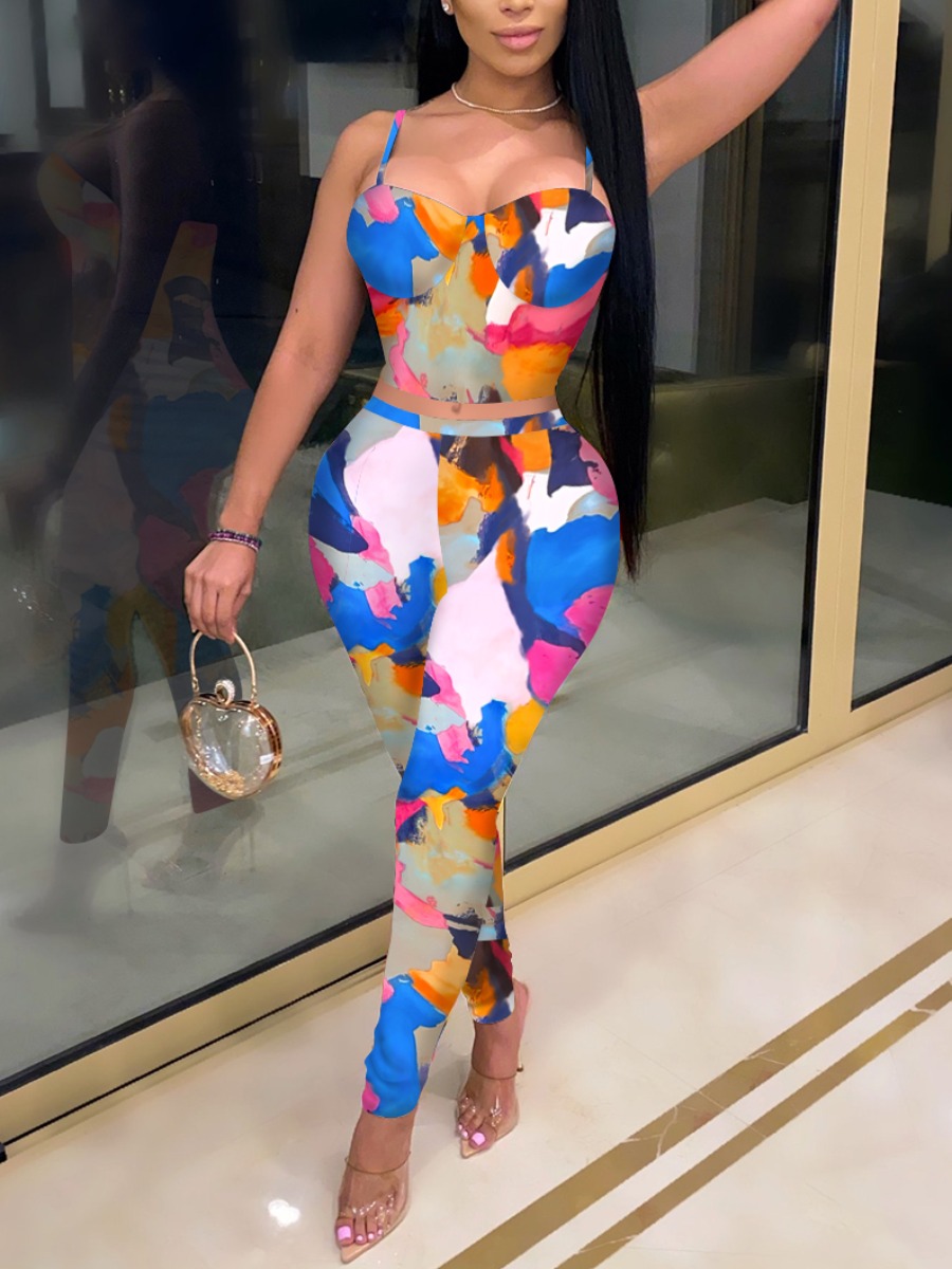 

Lovely Street Print Patchwork Multicolor Two Piece Pants Set, Multi