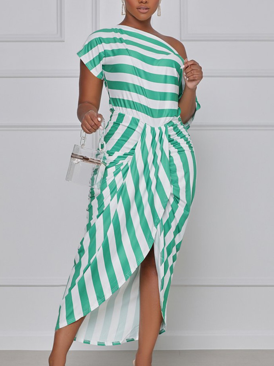 

Lovely Casual Boat Neck Striped Fold Design Green Mid Calf Dress