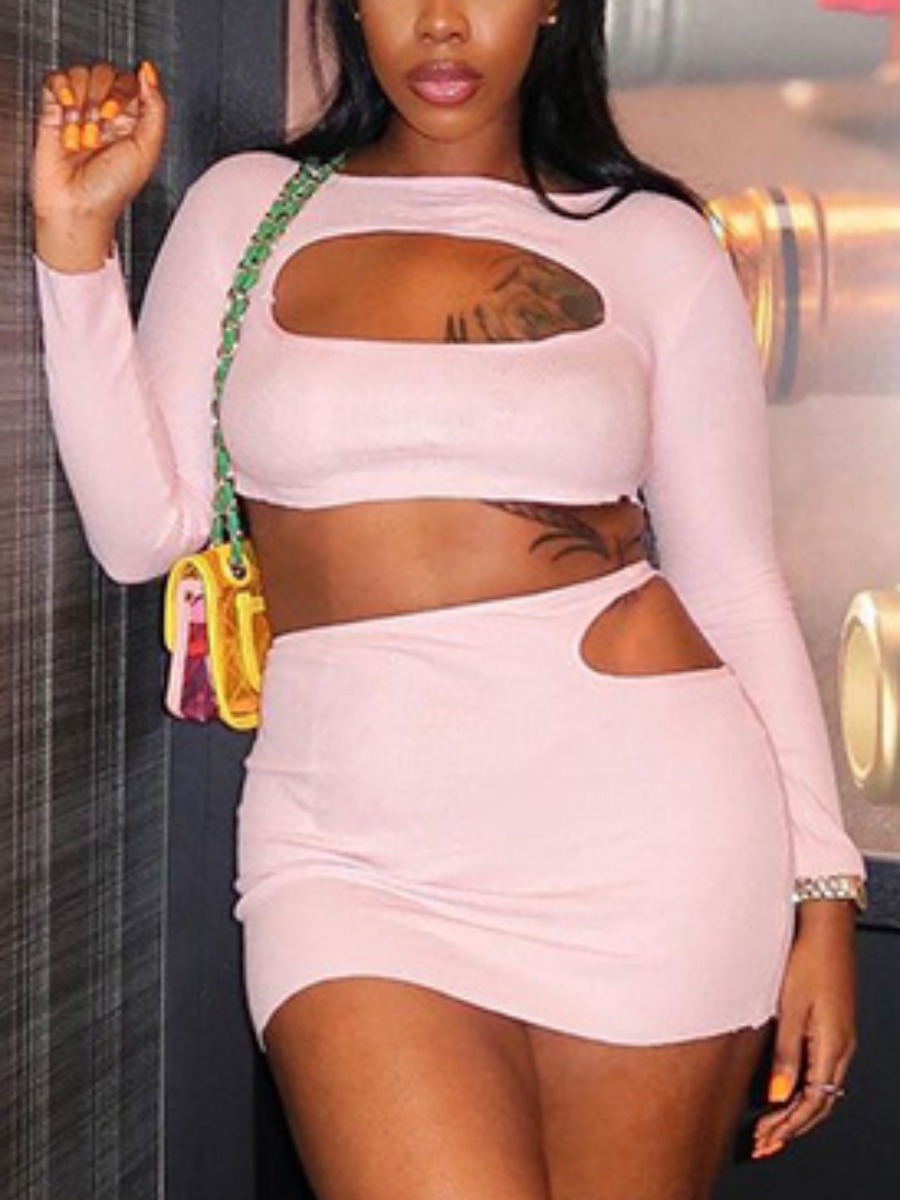 

Lovely Street Hollow-out Crop Top Pink Two Piece Skirt Set
