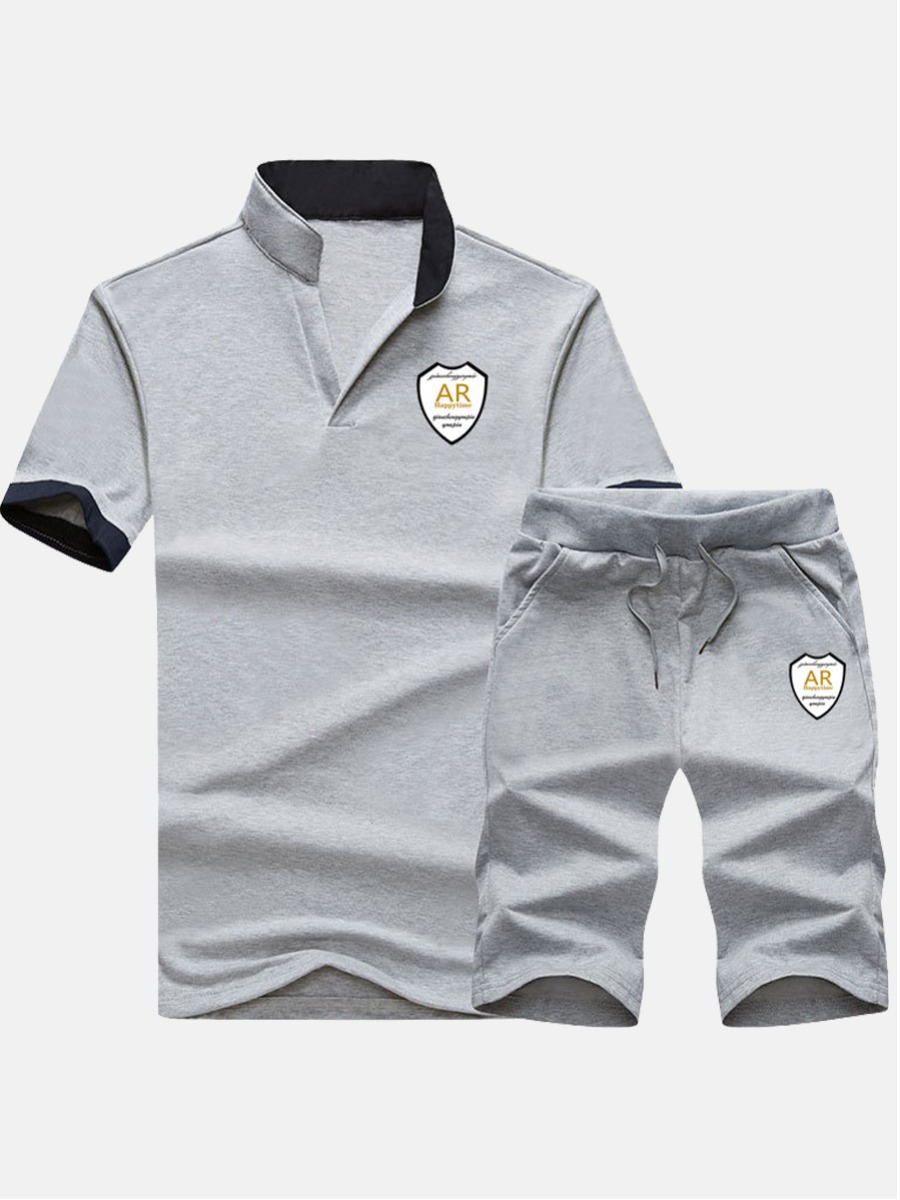 

Lovely Men Casual Mandarin Collar Drawstring Grey Two Piece Shorts Set
