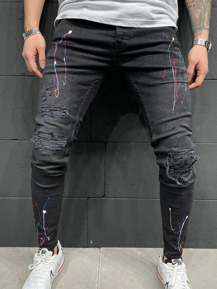 

Lovely Men Street Splash Ink Print Ripped Black Jeans