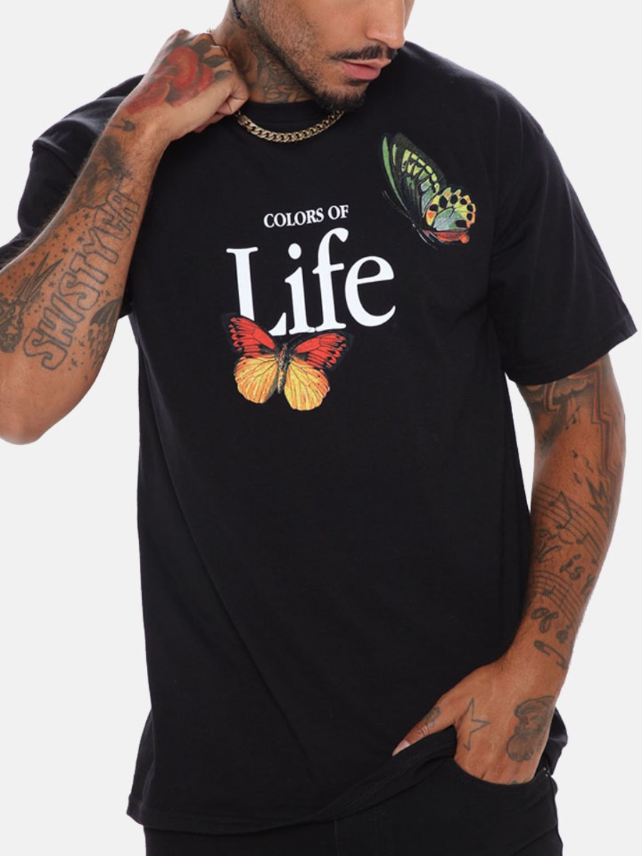 

Lovely Men Casual Butterfly Letter Print Black T-shirt