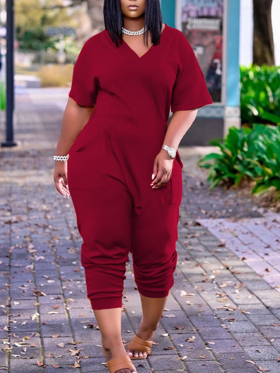 

LW Plus Size Casual V Neck Pocket Design Wine Red One-piece Jumpsuit