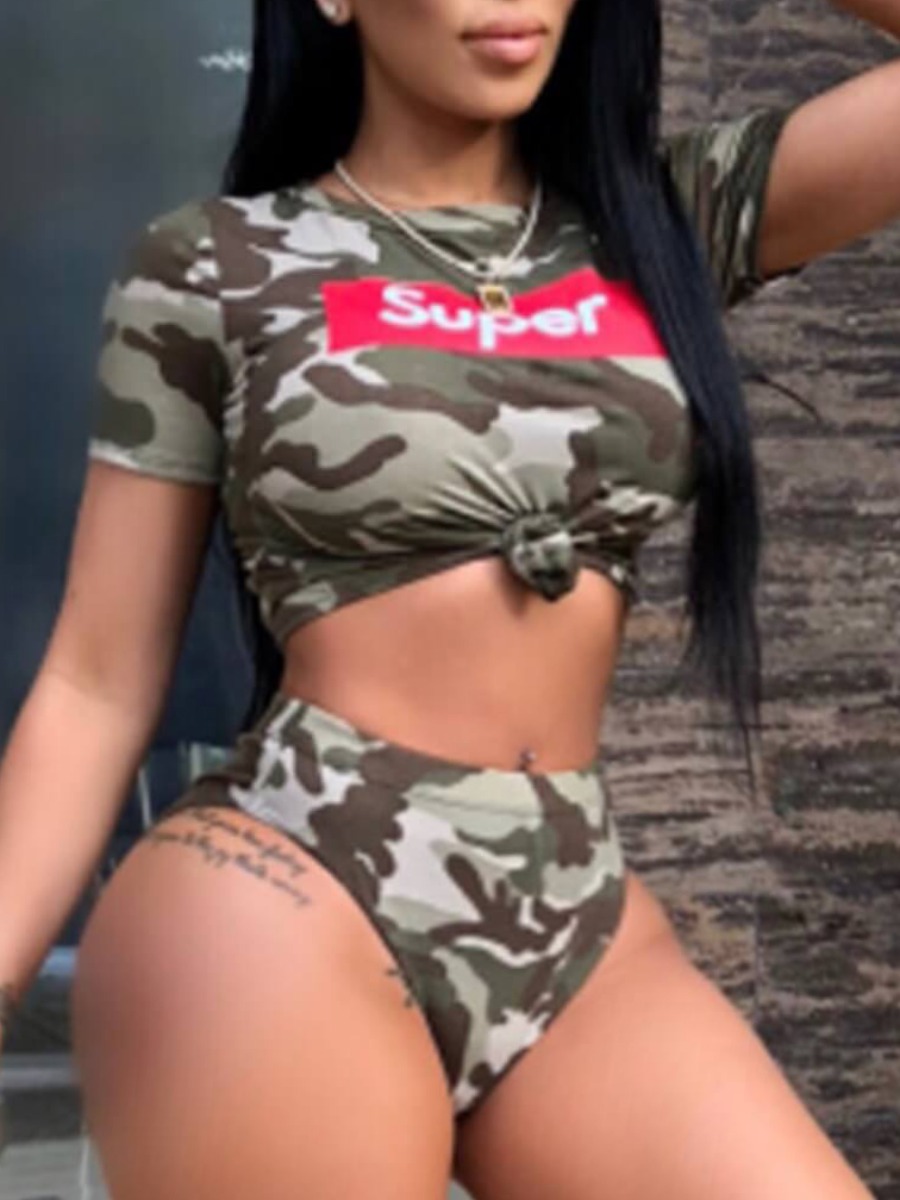

Lovely Plus Size Casual O Neck Letter Camo Print Tankini