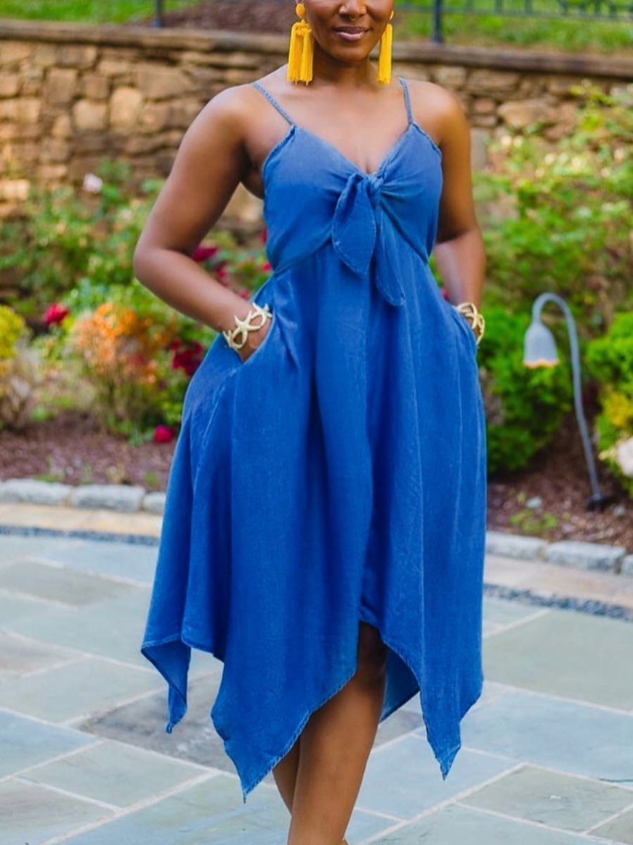 

Lovely Plus Size Casual Bandage Design Blue Mid Calf Asymmetrical Dress