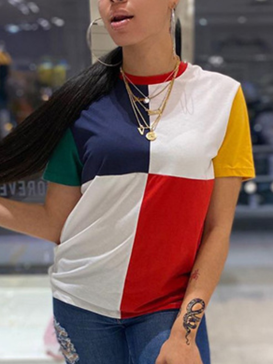 LovelyWholesale Street Color-lump Patchwork Multicolor T-shirt Summer Short Sleeve Street Patchwork Round Neck Spring Summer 2024
