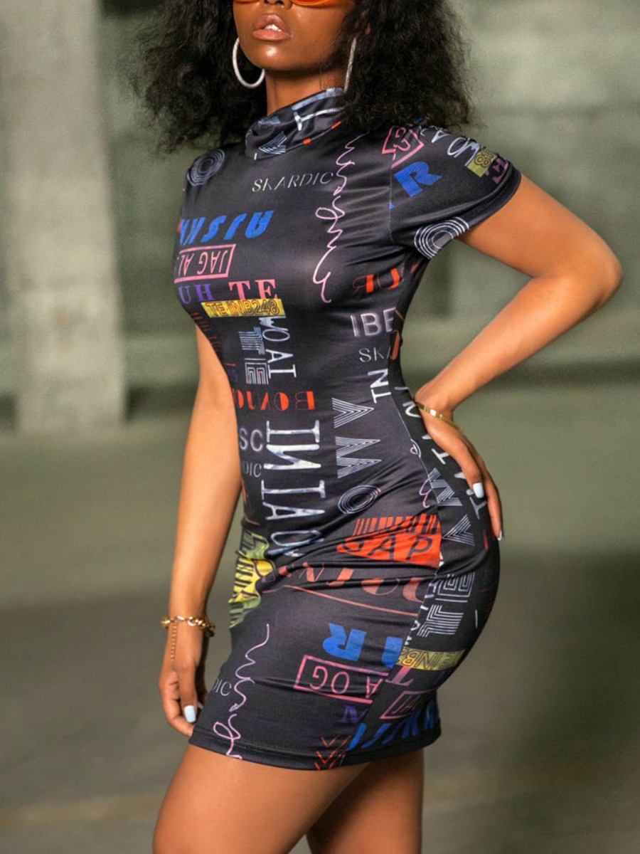 

Lovely Street Turtleneck Letter Print Black Mini Dress
