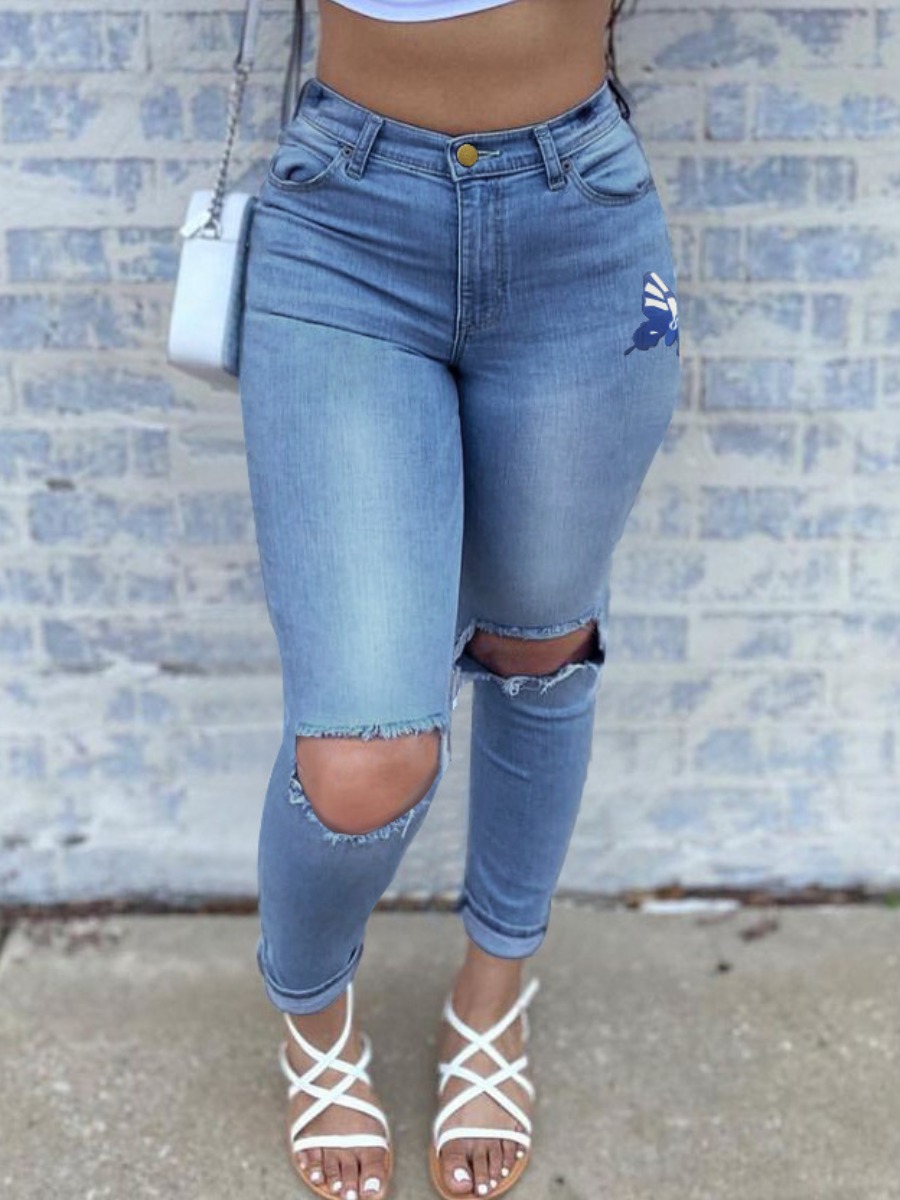 

Lovely Street Butterfly Print Ripped Blue Jeans