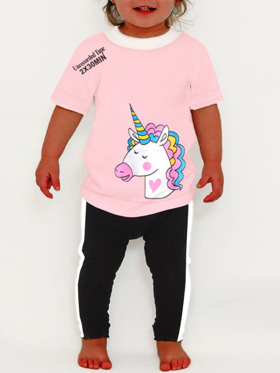 

Lovely Girl Casual Cartoon Letter Print Striped Pink Two Piece Pants Set