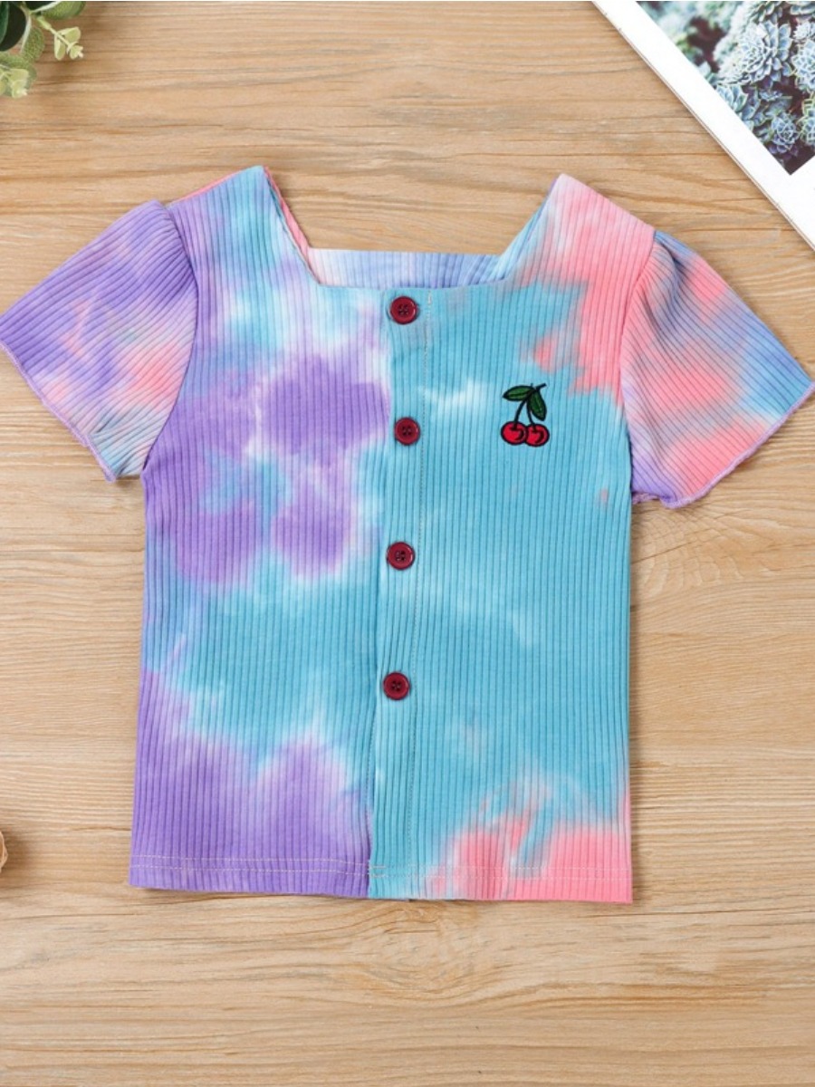 

Lovely Girl Casual Rib-Knit Tie-dye Purple T-shirt