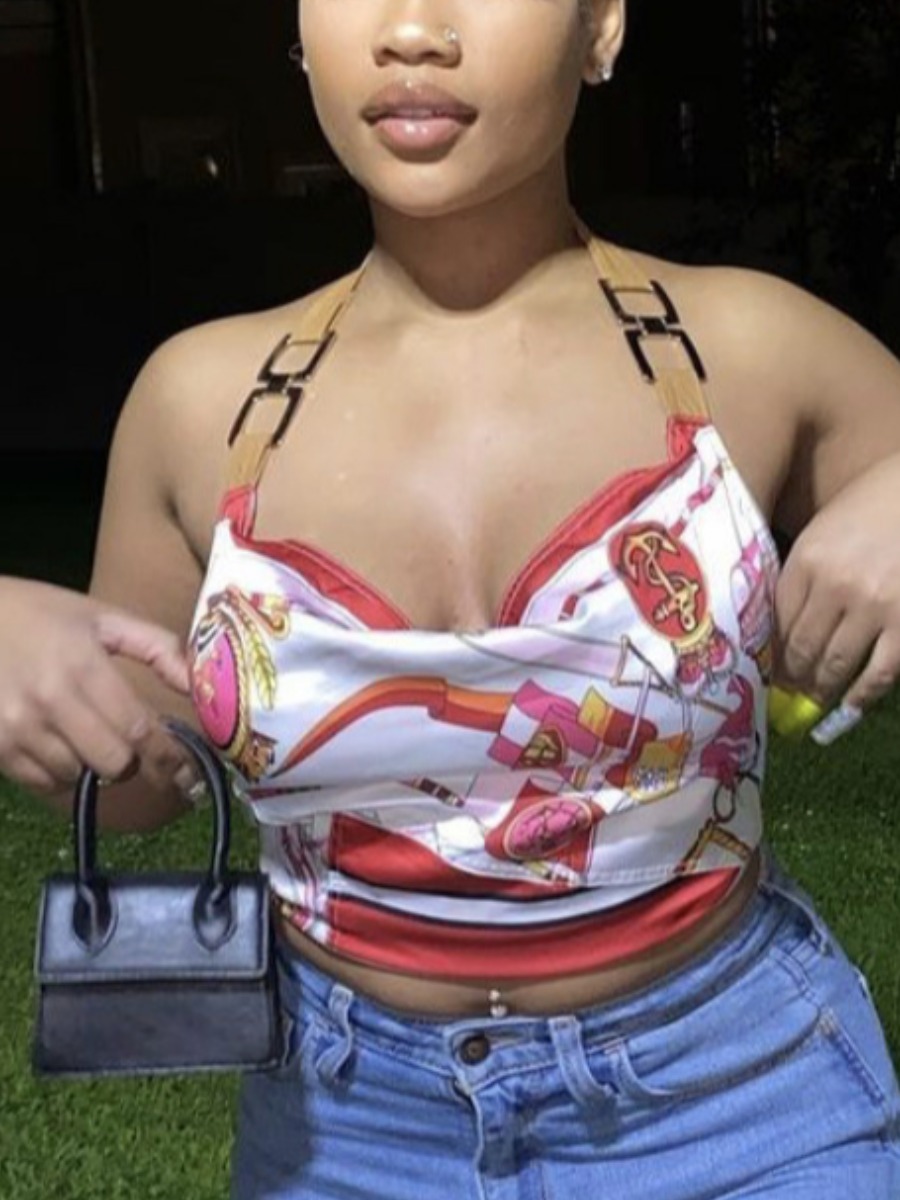 

Lovely Sexy Print Metal Ring Decoration Pink Camisole