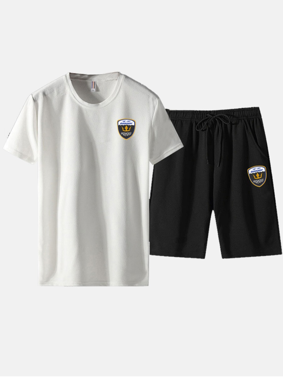 

Lovely Men Casual O Neck Drawstring White Two Piece Shorts Set
