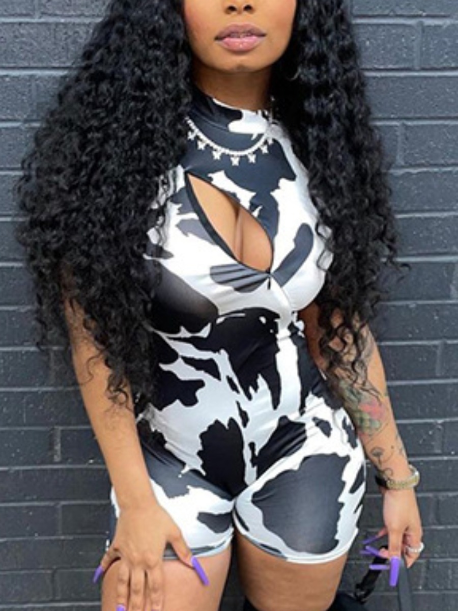

Lovely Street O Neck Cow Print Hollow-out Black One-piece Romper