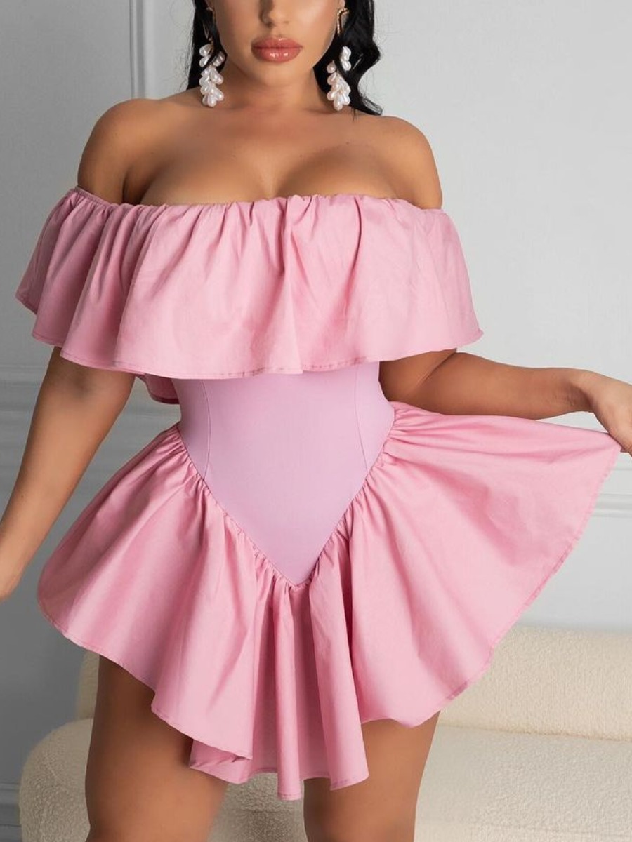

Lovely Sweet Off The Shoulder Flounce Design Pink One-piece Romper