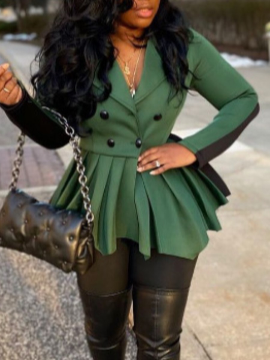 

Lovely Plus Size Business Button Design Pleated Patchwork Green Mini Dress