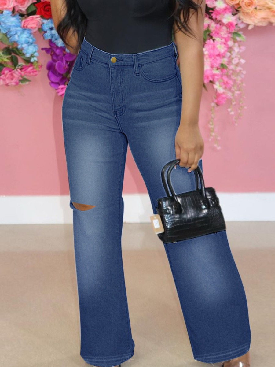 

Lovely Casual Mid Waist Ripped Blue Plus Size Jeans