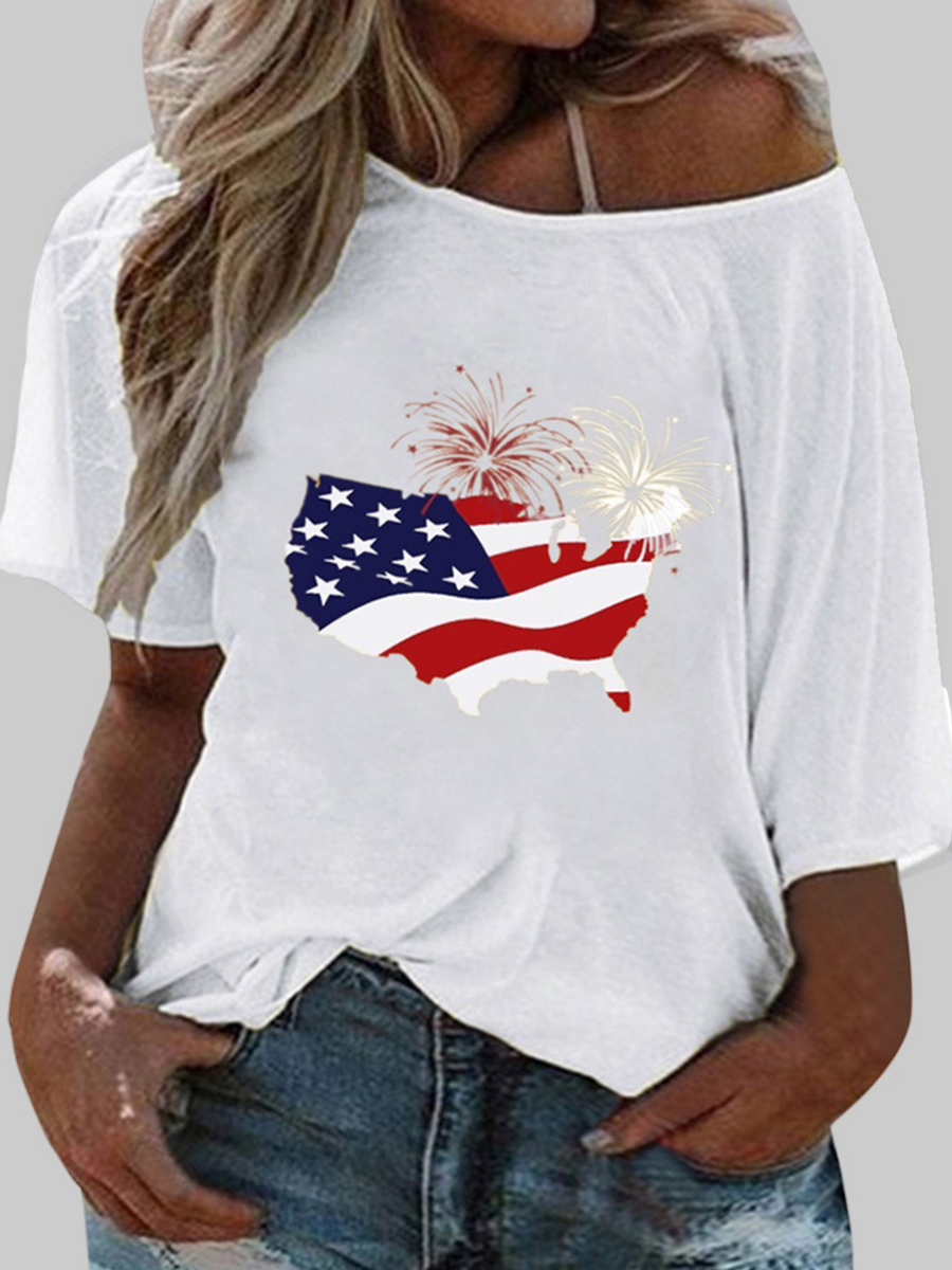 

Lovely Plus Size Casual Dropped Shoulder American Flag Print White T-shirt