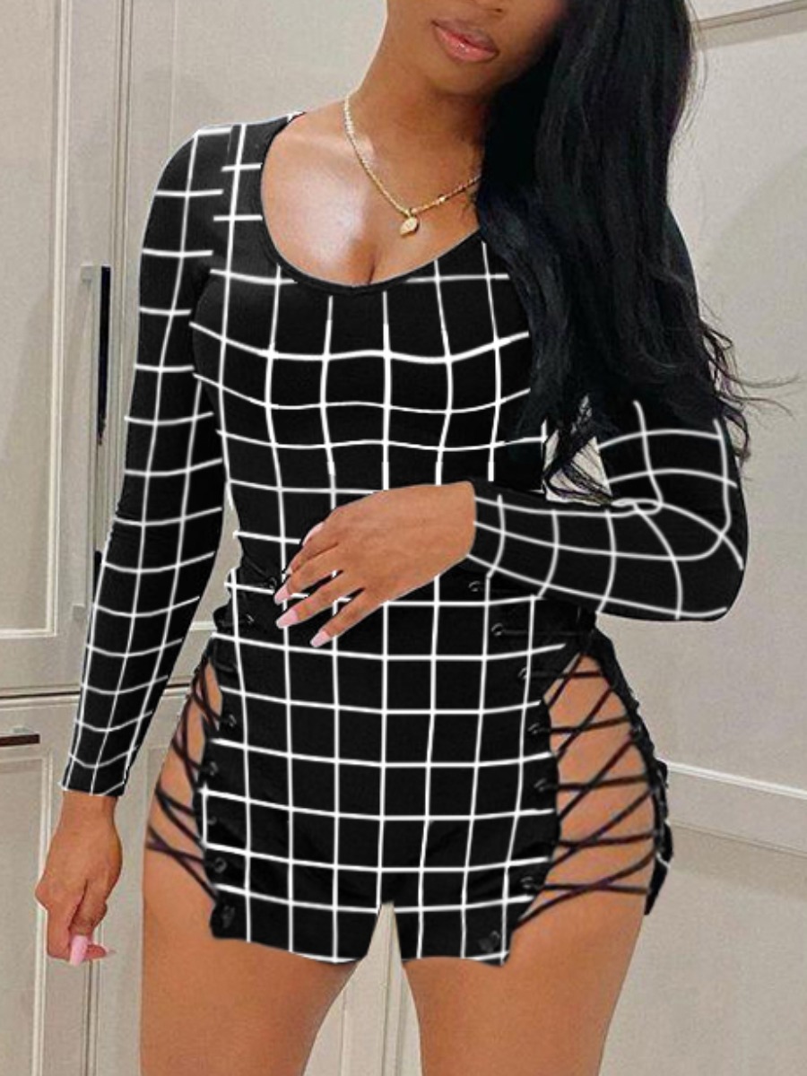 

Lovely Sweet Plaid Print Bandage Hollow-out Design Black One-piece Romper