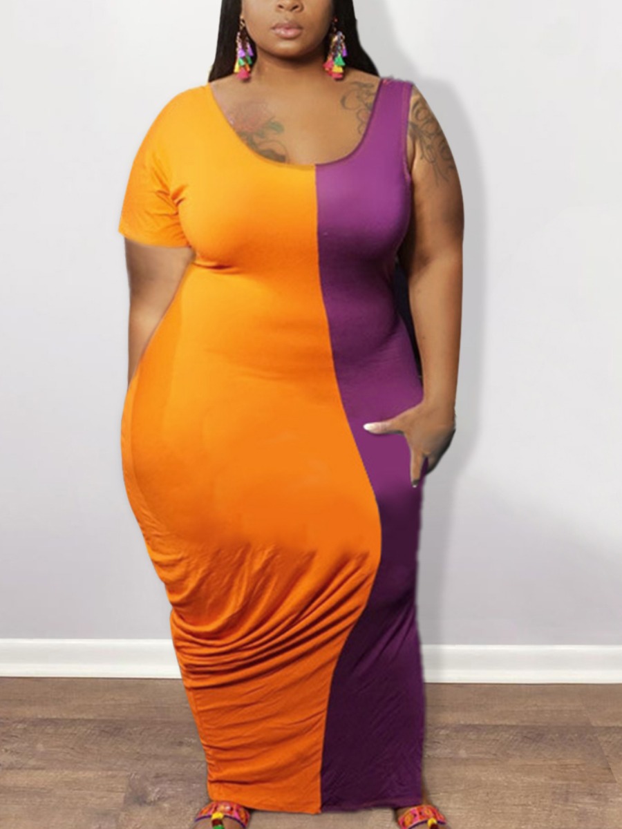 

Lovely Plus Size Street U Neck Color-lump Split Purple Floor Length Dress