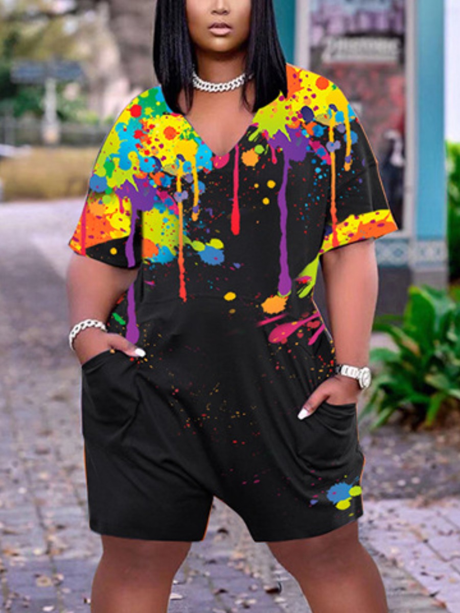 

Lovely Plus Size Casual V Neck Splash Ink Print Black One-piece Romper