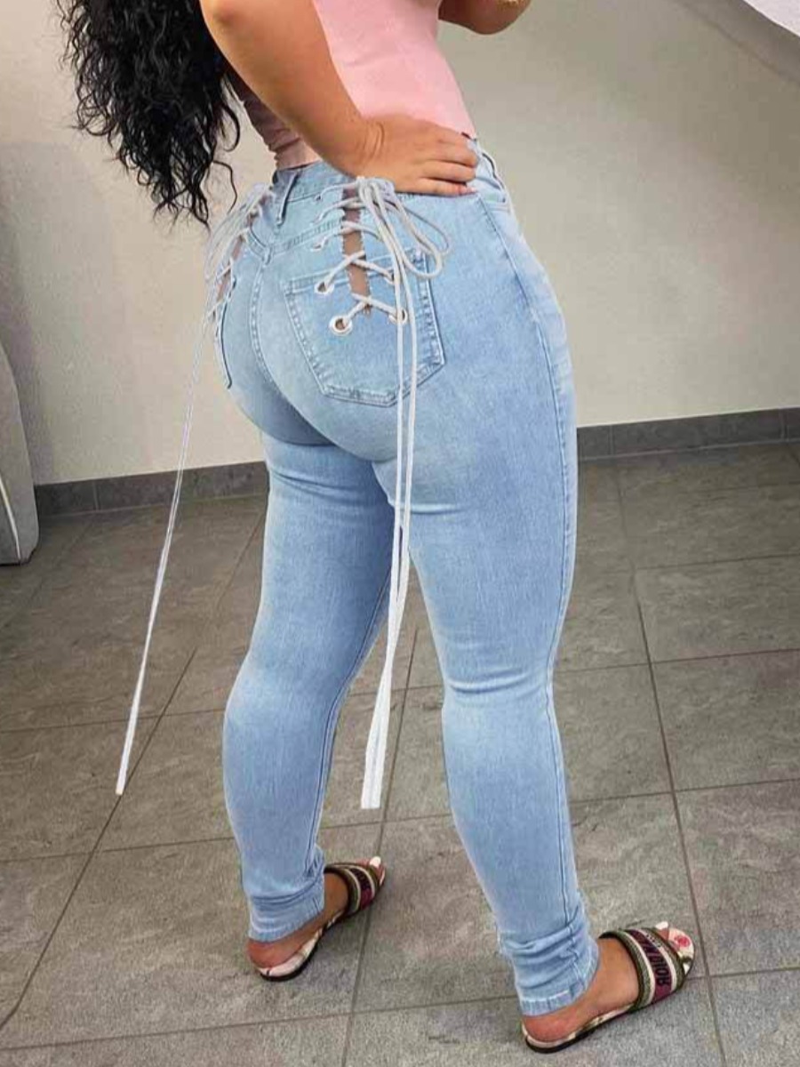 

Lovely Plus Size Street Bandage Hollow-out Design Baby Blue Jeans