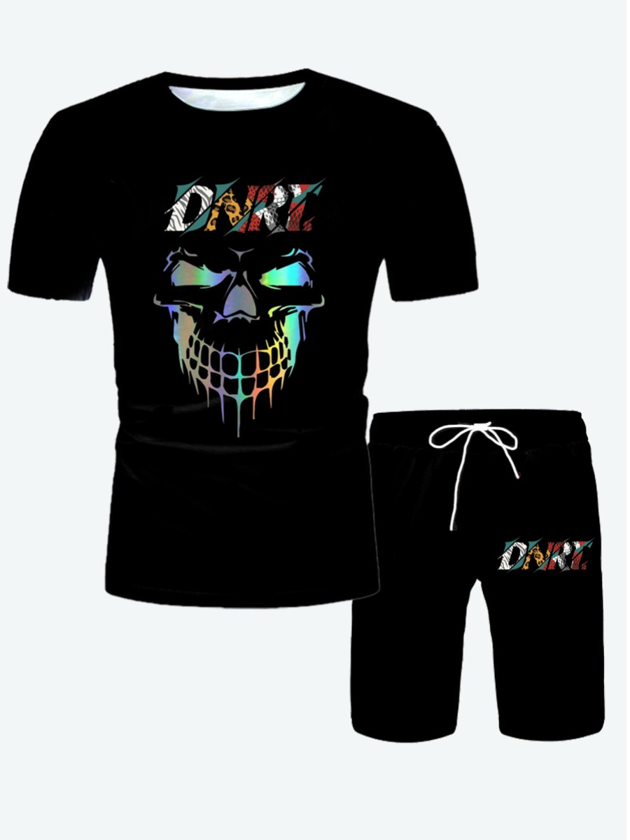 

Lovely Men Street Skull Head Letter Print Black Two Piece Shorts Set