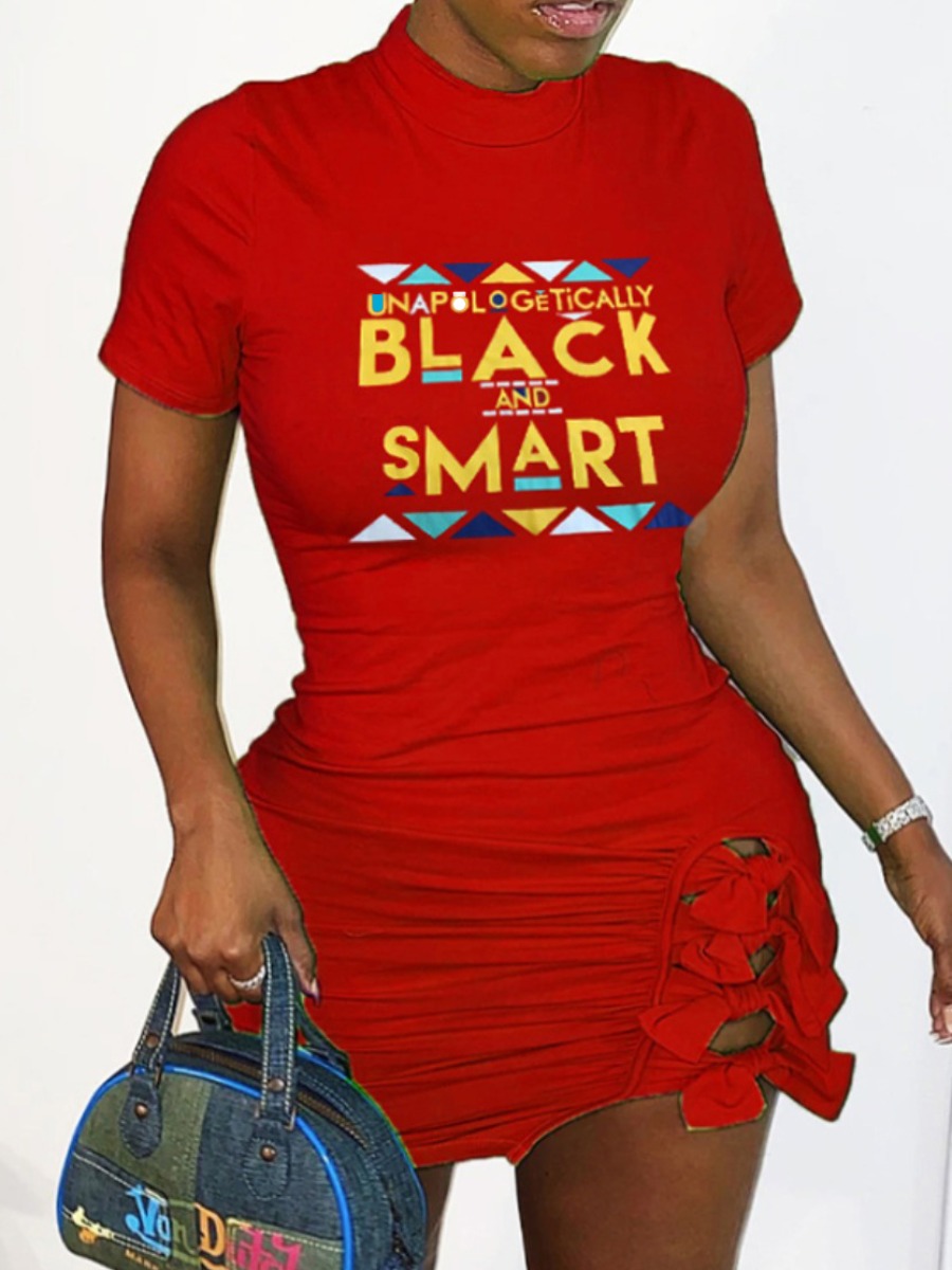 

LW Plus Size Casual Letter Print Knot Design Red Mini Dress