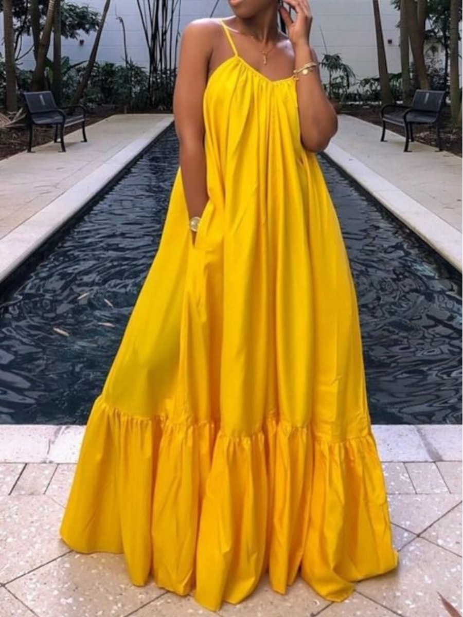 

Lovely Casual V Neck Ruffle Design Yellow Floor Length A Line Dress
