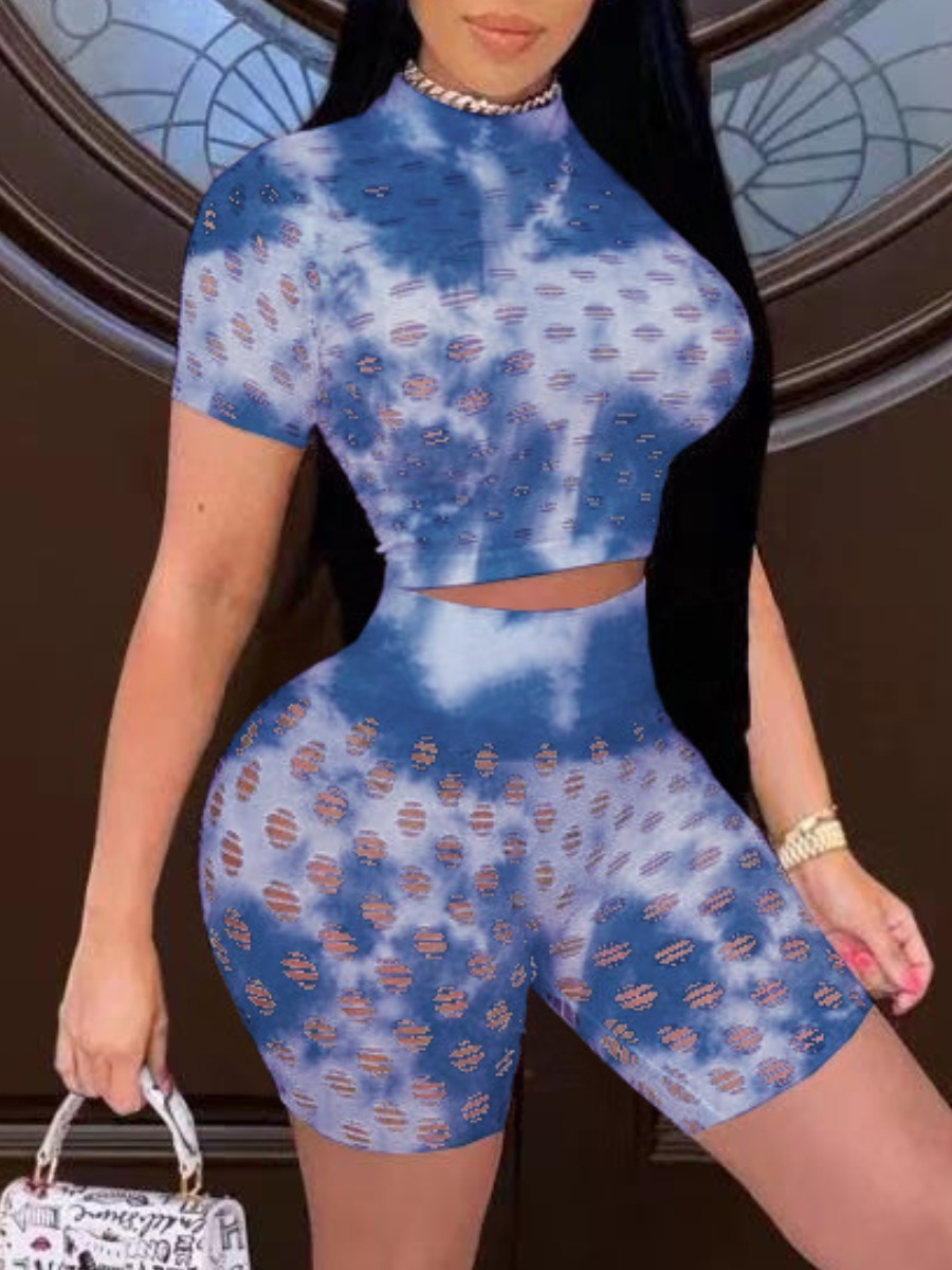 

LW SXY Tie Dye Hollow-out Blue Two Piece Shorts Set