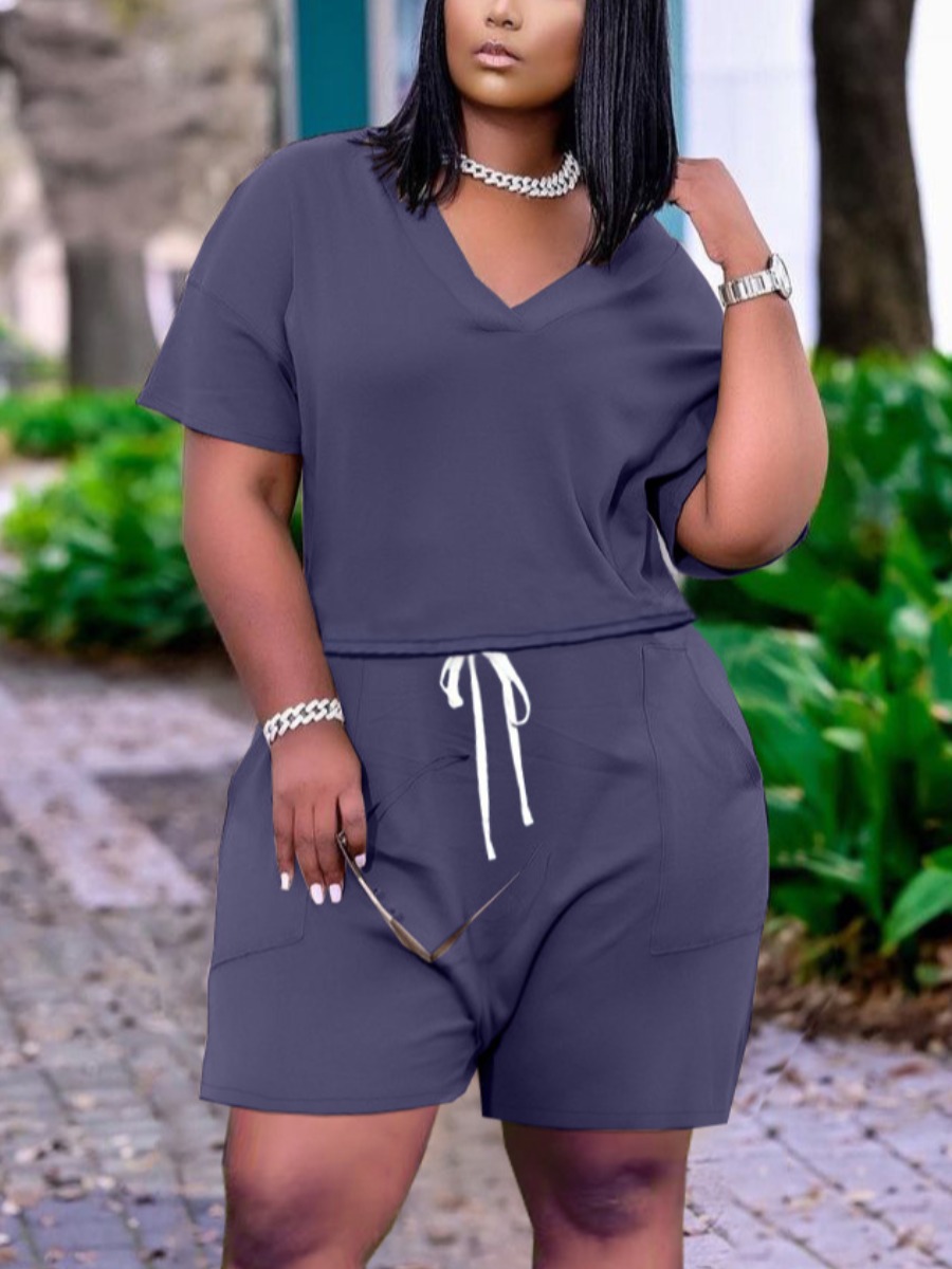 

Lovely Casual Dropped Shoulder Drawstring Blue Two Piece Shorts Set