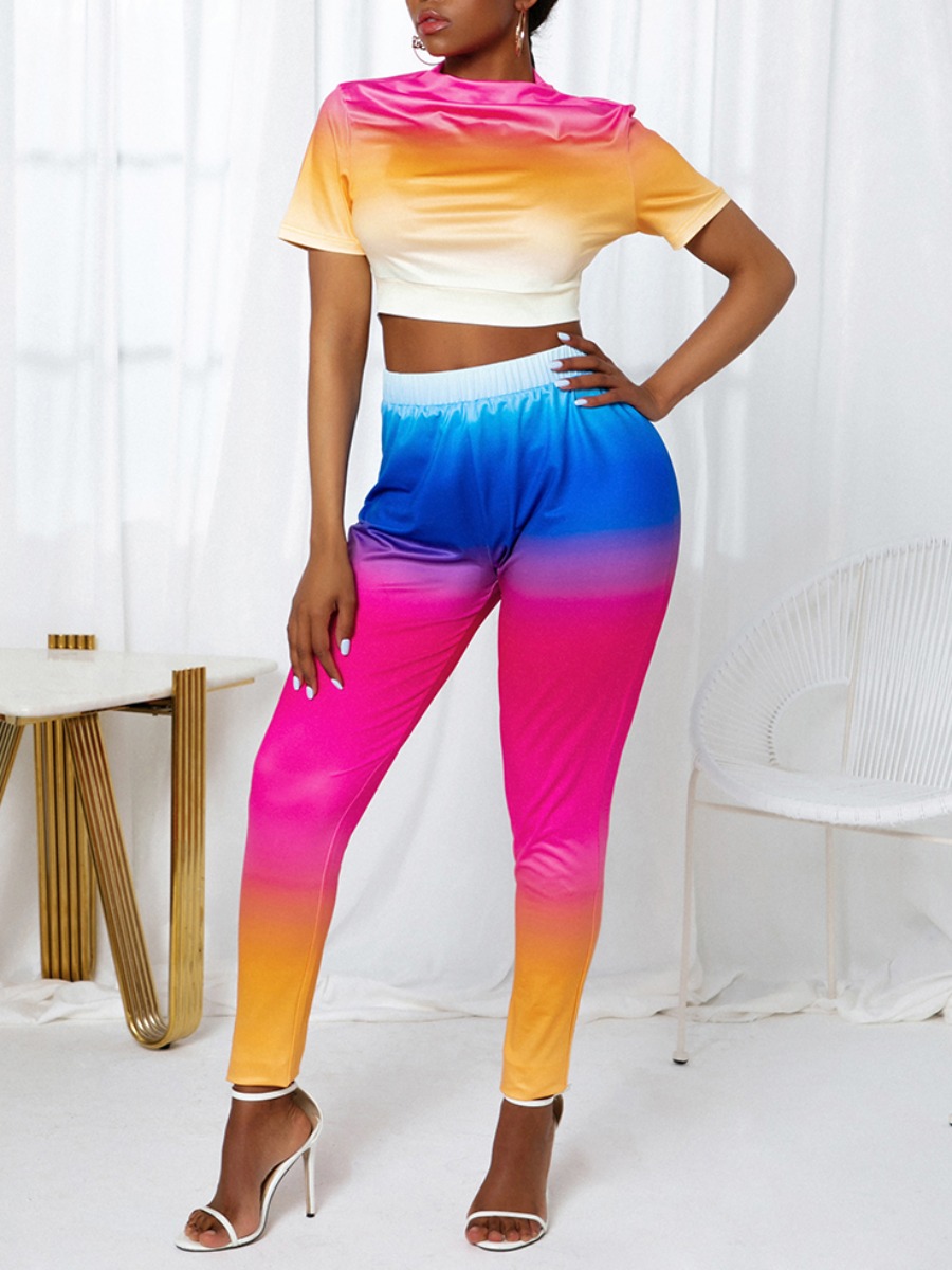 

LW Sweet Gradient Crop Top Multicolor Two Piece Pants Set, Multi