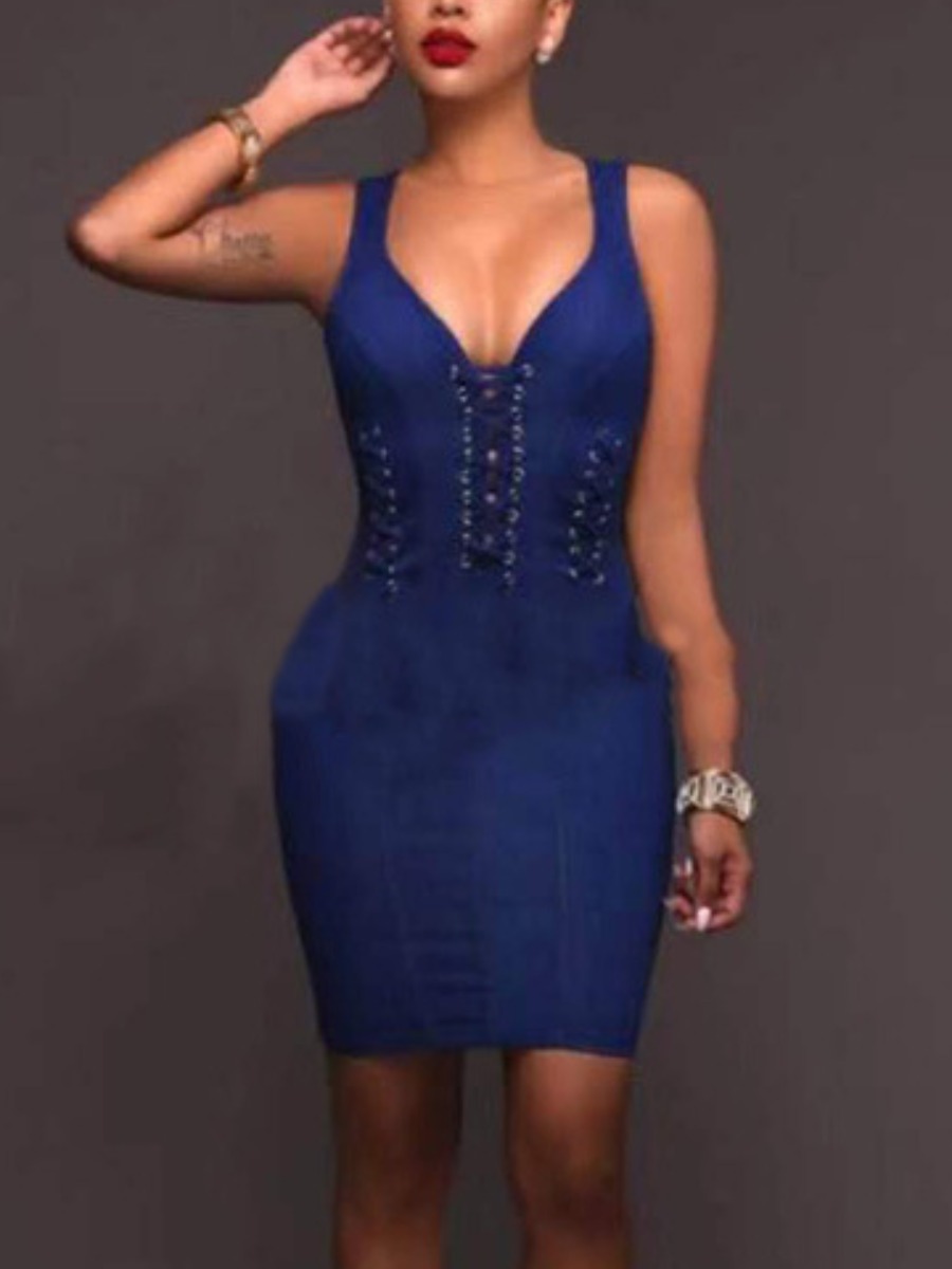 

Lovely Sexy V Neck Bandage Design Blue Mini Denim Dress