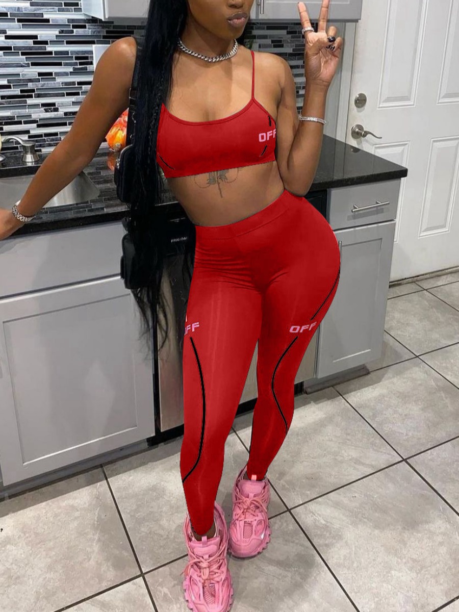 

LW Letter Print Striped Yoga Pants Set, Red