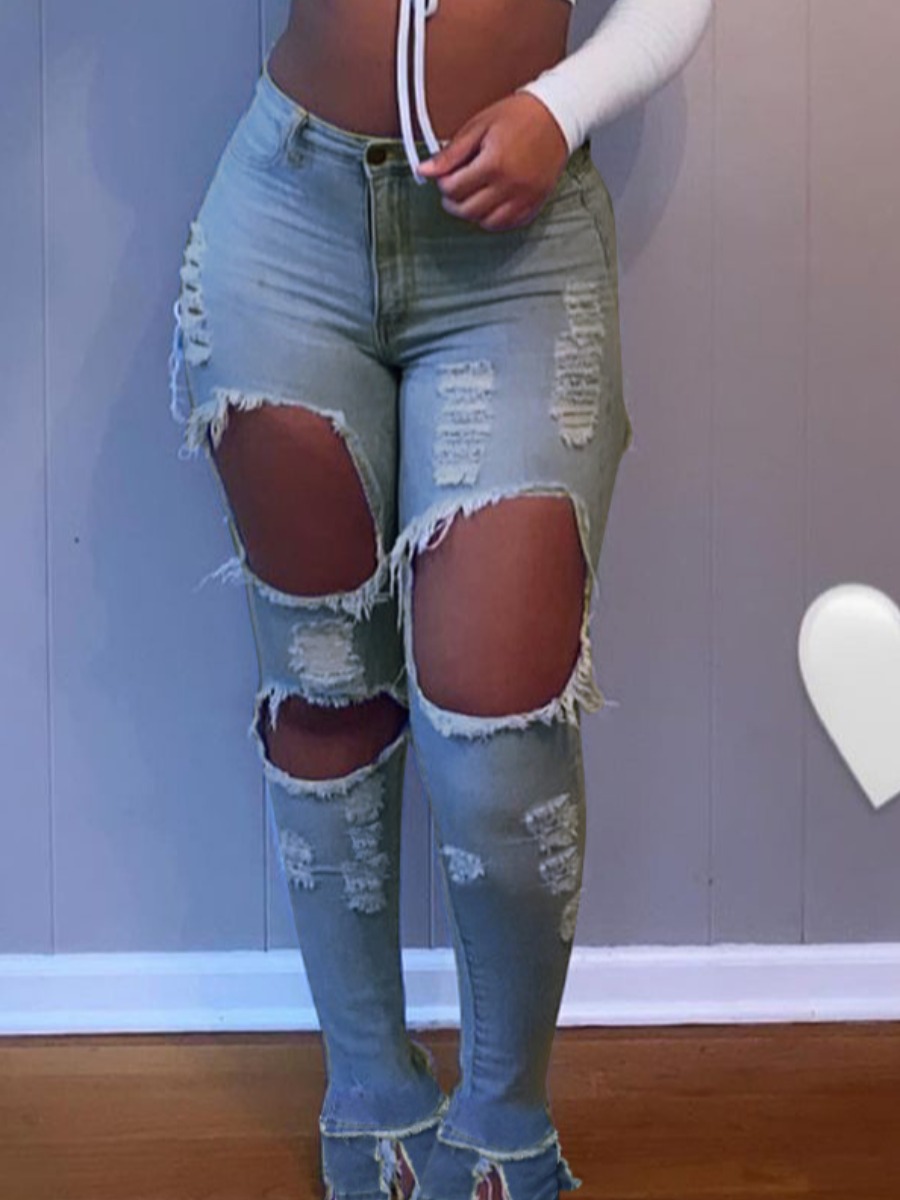 

Lovely Street High-waisted Ripped Baby Blue Jeans