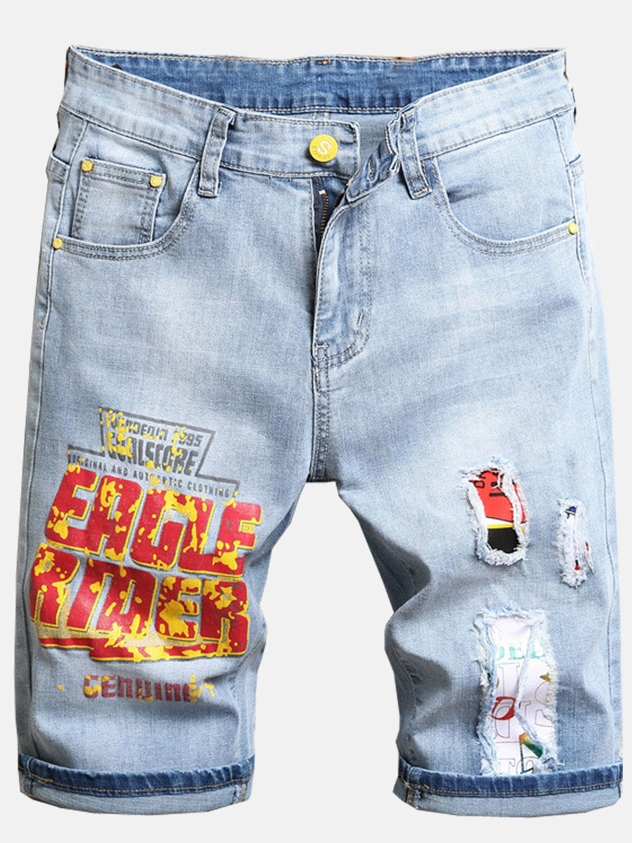

Lovely Men Street Letter Print Ripped Baby Blue Denim Shorts