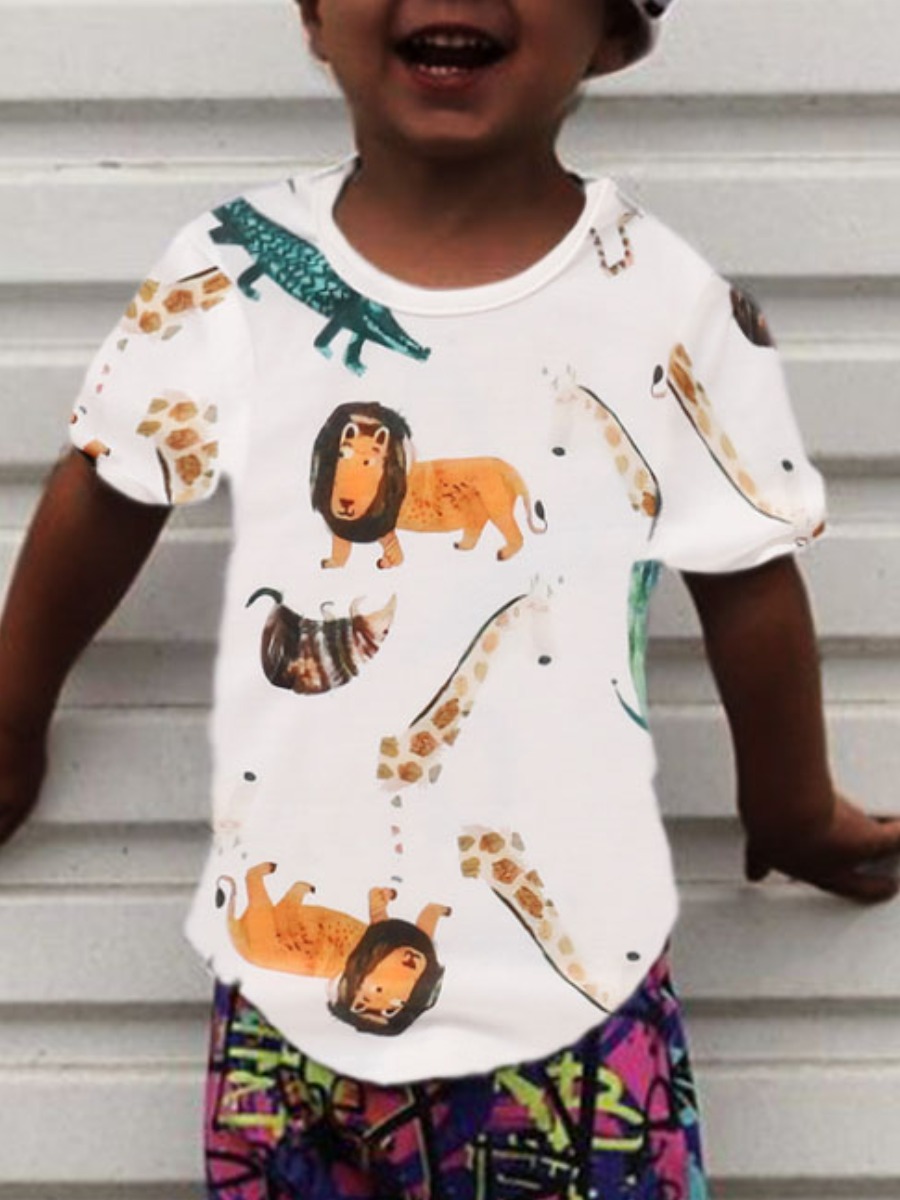 

Lovely Boy Casual O Neck Animal Print White T-shirt