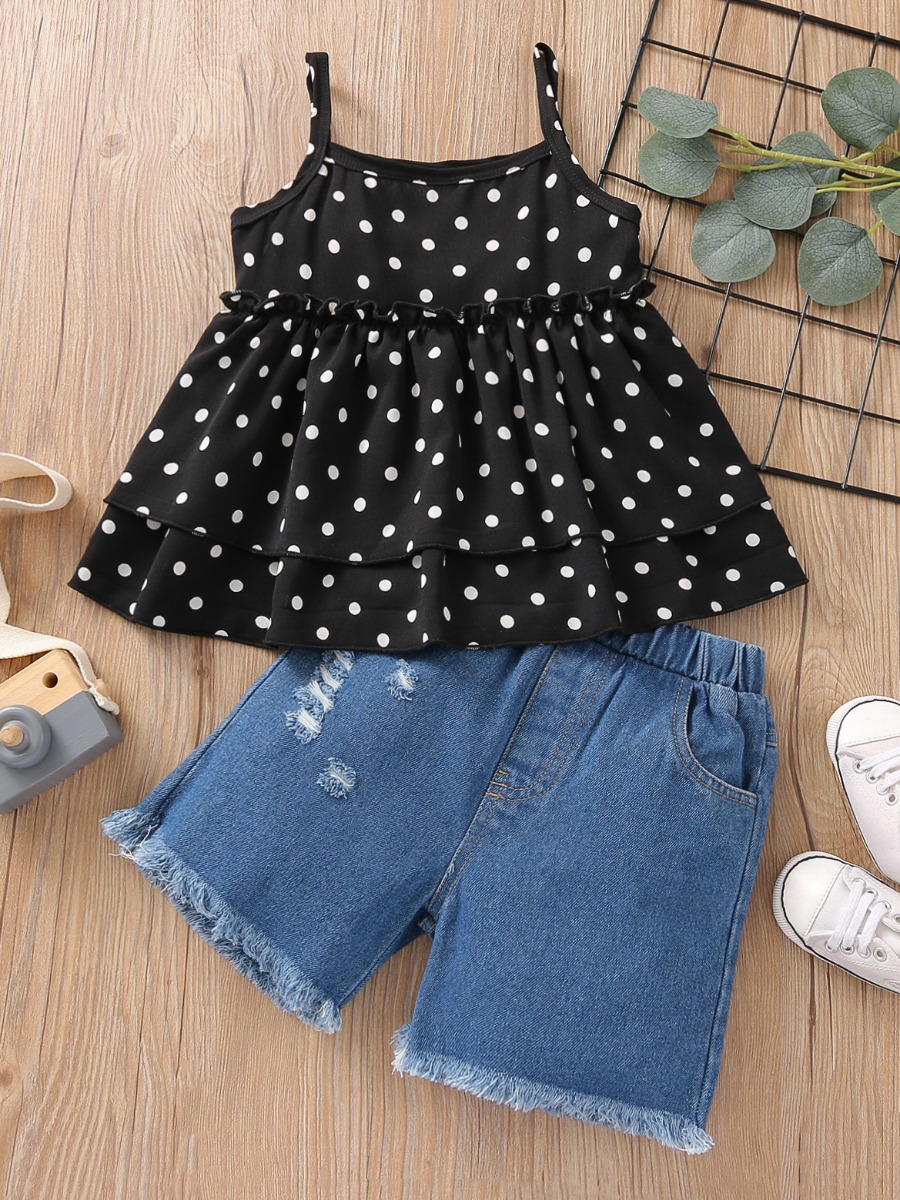 

Lovely Casual Dot Print Flounce Design Raw Edge Black Two Piece Shorts Set
