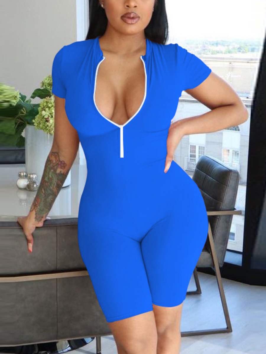 

Lovely Casual V Neck Button Design Peacock Blue One-piece Romper