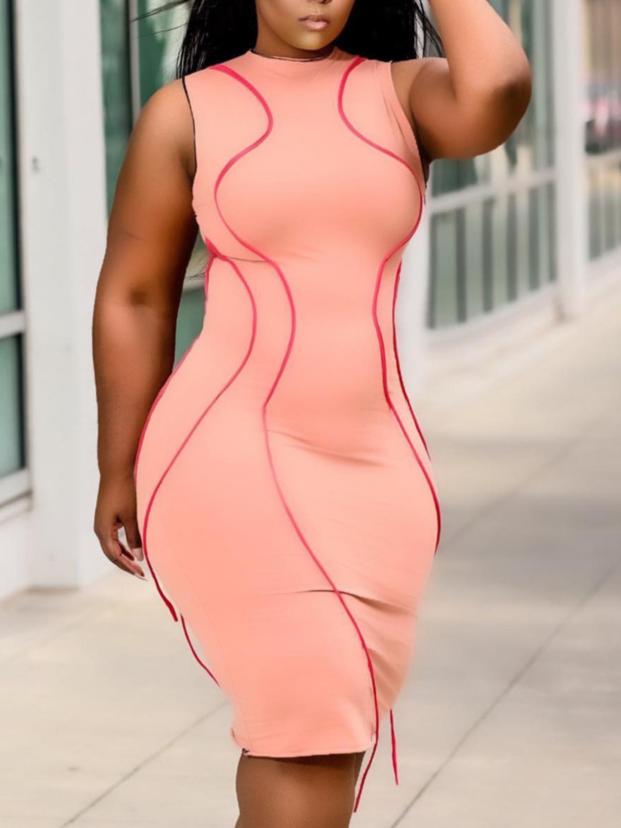 

Lovely Plus Size Casual O Neck Tassel Design Pink Knee Length Dress
