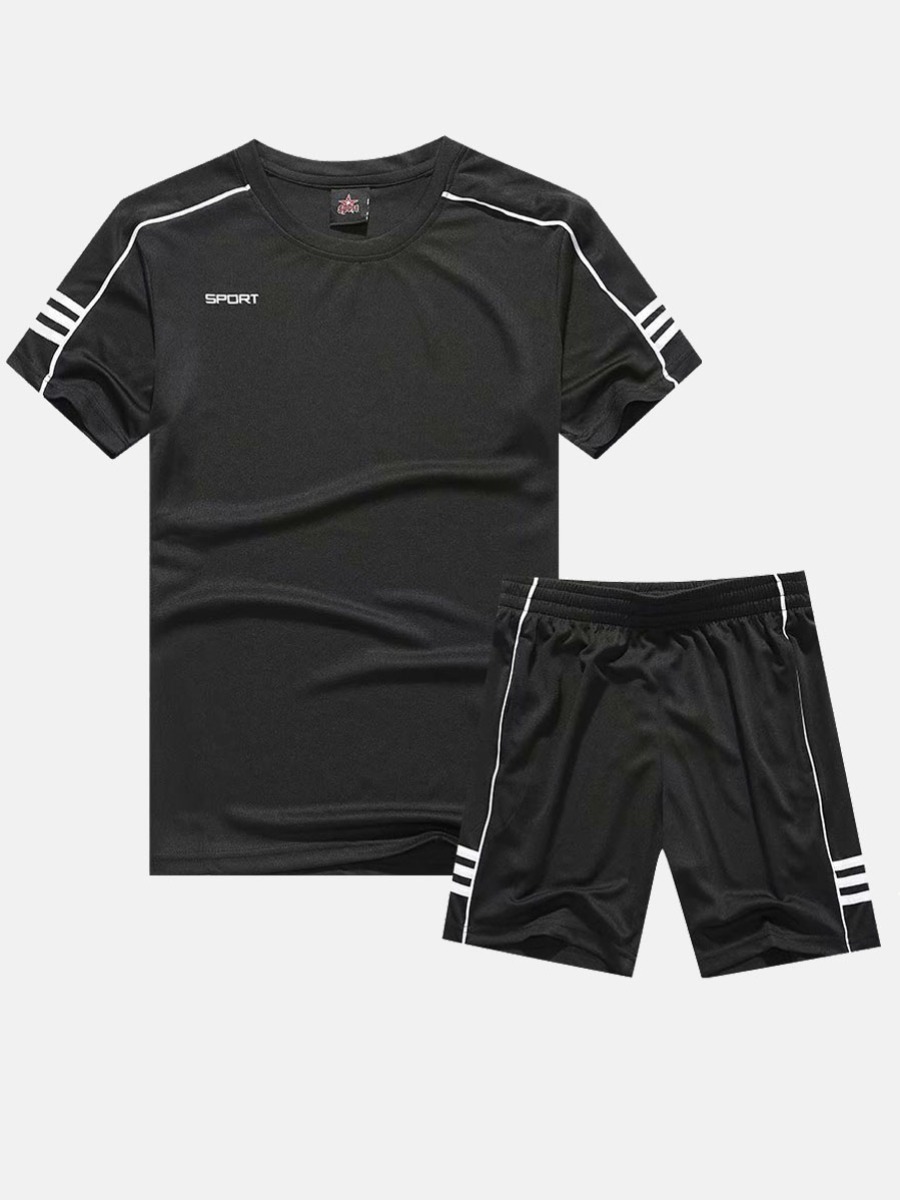 

Lovely Men Sporty Letter Print Striped Black Two Piece Shorts Set